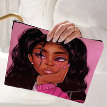 Load image into Gallery viewer, Casual African Girl Makeup Bag Double Print Black Women Cosmetic Bags Cartoon Lady Travel Toiletry Organizer Storage Case