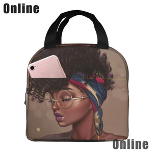 African American Black Girl Lunch Bag Compact Tote Bag Reusable Lunch Box Container for Women School Office Work