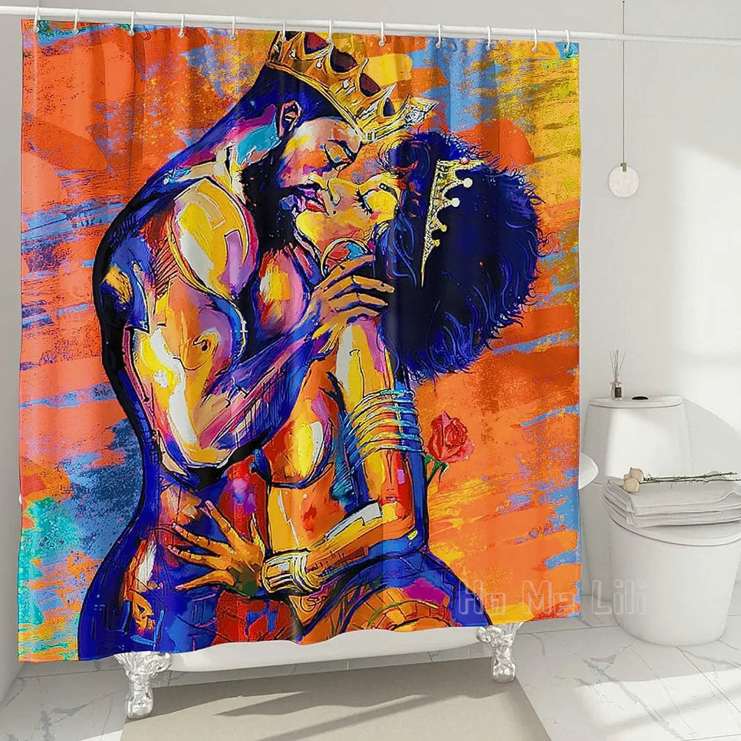 African American Lovers Couple Shower Curtain Black Art Polyester Waterproof