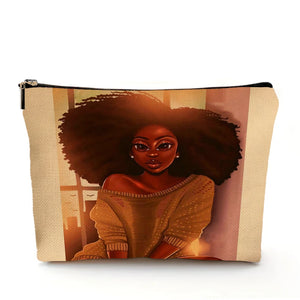 Casual African Girl Makeup Bag Double Print Black Women Cosmetic Bags Cartoon Lady Travel Toiletry Organizer Storage Case