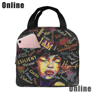 African American Black Girl Lunch Bag Compact Tote Bag Reusable Lunch Box Container for Women School Office Work