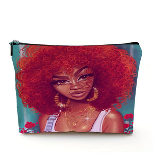Casual African Girl Makeup Bag Double Print Black Women Cosmetic Bags Cartoon Lady Travel Toiletry Organizer Storage Case