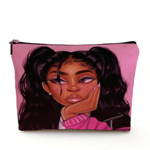 Casual African Girl Makeup Bag Double Print Black Women Cosmetic Bags Cartoon Lady Travel Toiletry Organizer Storage Case