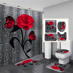 4 PCS Flower Shower Curtain Set