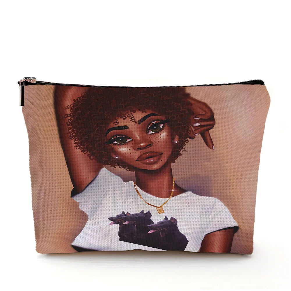 Casual African Girl Makeup Bag Double Print Black Women Cosmetic Bags Cartoon Lady Travel Toiletry Organizer Storage Case