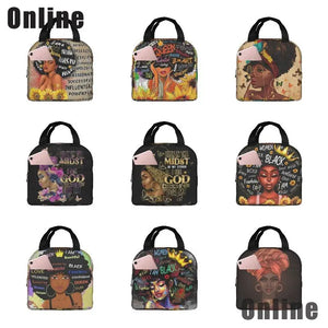 African American Black Girl Lunch Bag Compact Tote Bag Reusable Lunch Box Container for Women School Office Work