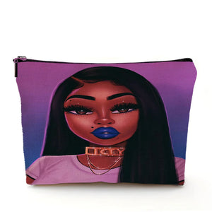Casual African Girl Makeup Bag Double Print Black Women Cosmetic Bags Cartoon Lady Travel Toiletry Organizer Storage Case