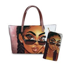 Load image into Gallery viewer, Luxury Design Black Art African Girl Printing 2pcs/set Hand Bag &amp; Wallet
