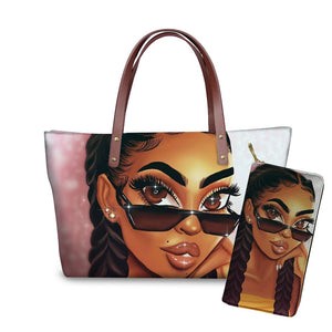 Luxury Design Black Art African Girl Printing 2pcs/set Hand Bag & Wallet