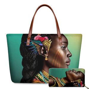 Luxury Design Black Art African Girl Printing 2pcs/set Hand Bag & Wallet