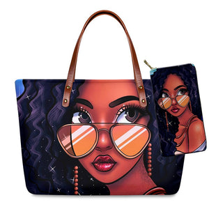 Luxury Design Black Art African Girl Printing 2pcs/set Hand Bag & Wallet