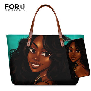 Luxury Design Black Art African Girl Printing 2pcs/set Hand Bag & Wallet