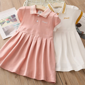 Children Turn-down Collar Cotton Short Sleeve Dress For Kids Baby Girls