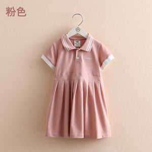 Children Turn-down Collar Cotton Short Sleeve Dress For Kids Baby Girls