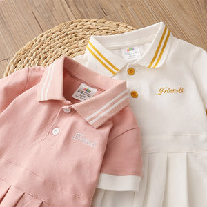 Children Turn-down Collar Cotton Short Sleeve Dress For Kids Baby Girls