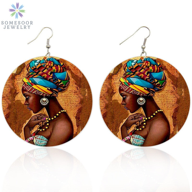 SOMESOOR Vinatge African Headwrap Woman Wood Drop Earrings