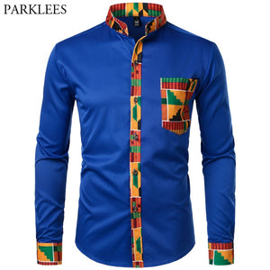 Dashiki African Mens Shirt Patchwork Pocket