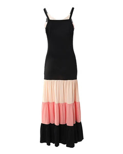 Women V neck Sleeveless Colorblock Spaghetti Strap Maxi Dress